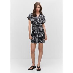 Mango MNG Mila Shirt Dress Black Cream Geometric Print Belted Size M NWT